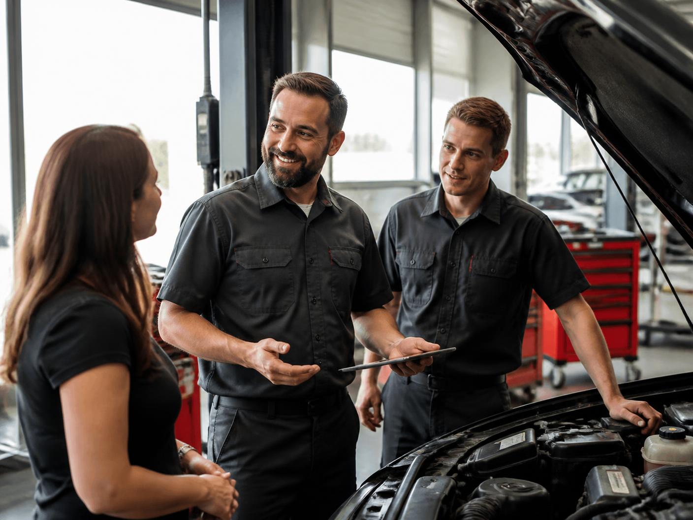 Two MB AutoWorks technicians discussing a repair with a customer beside an open car hood.