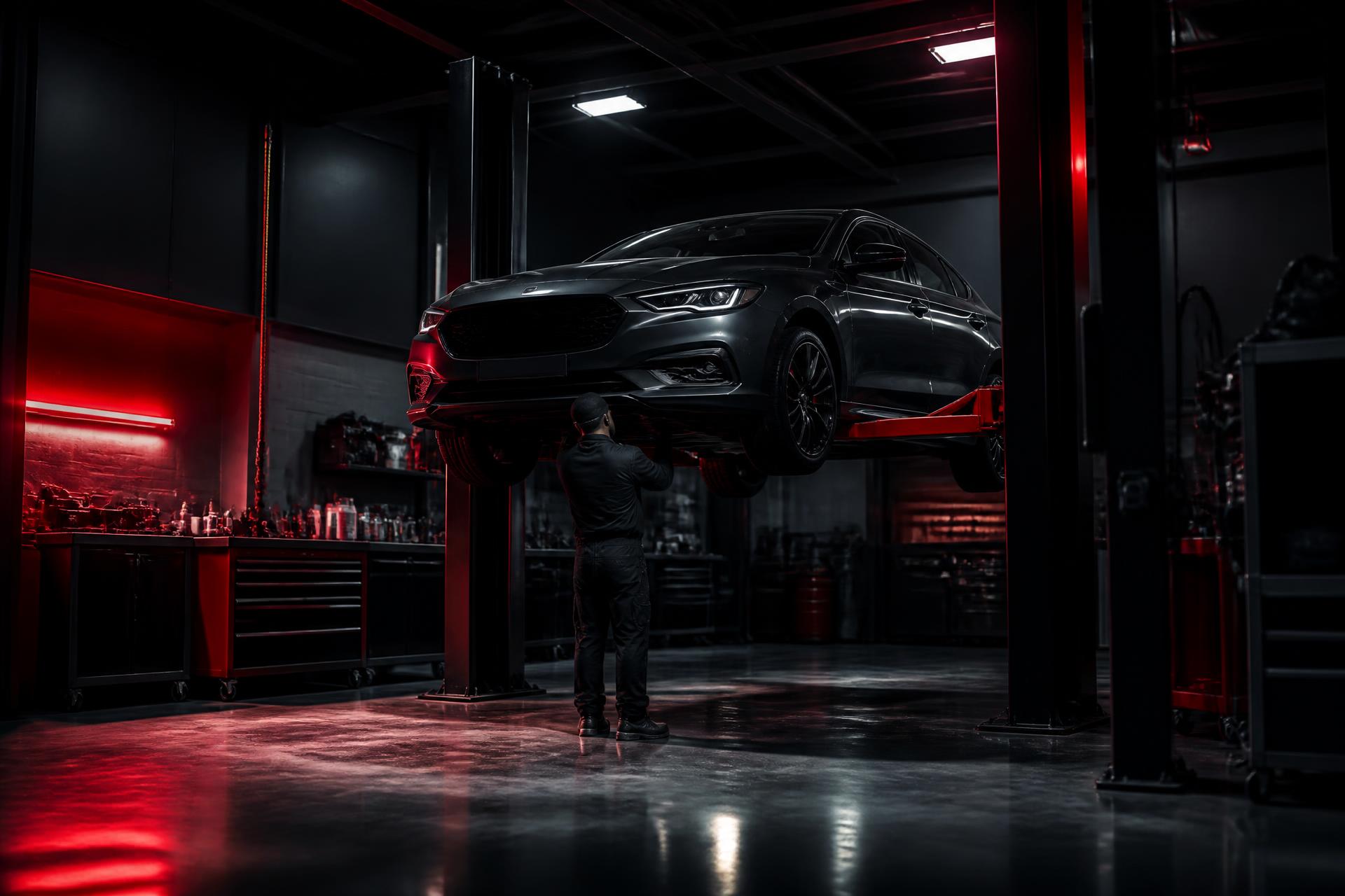 A sedan raised on a lift inside the MB AutoWorks service bay while a technician works underneath.